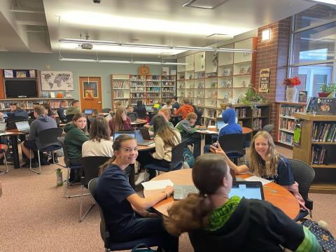 Kids practice math in the MJHS library 