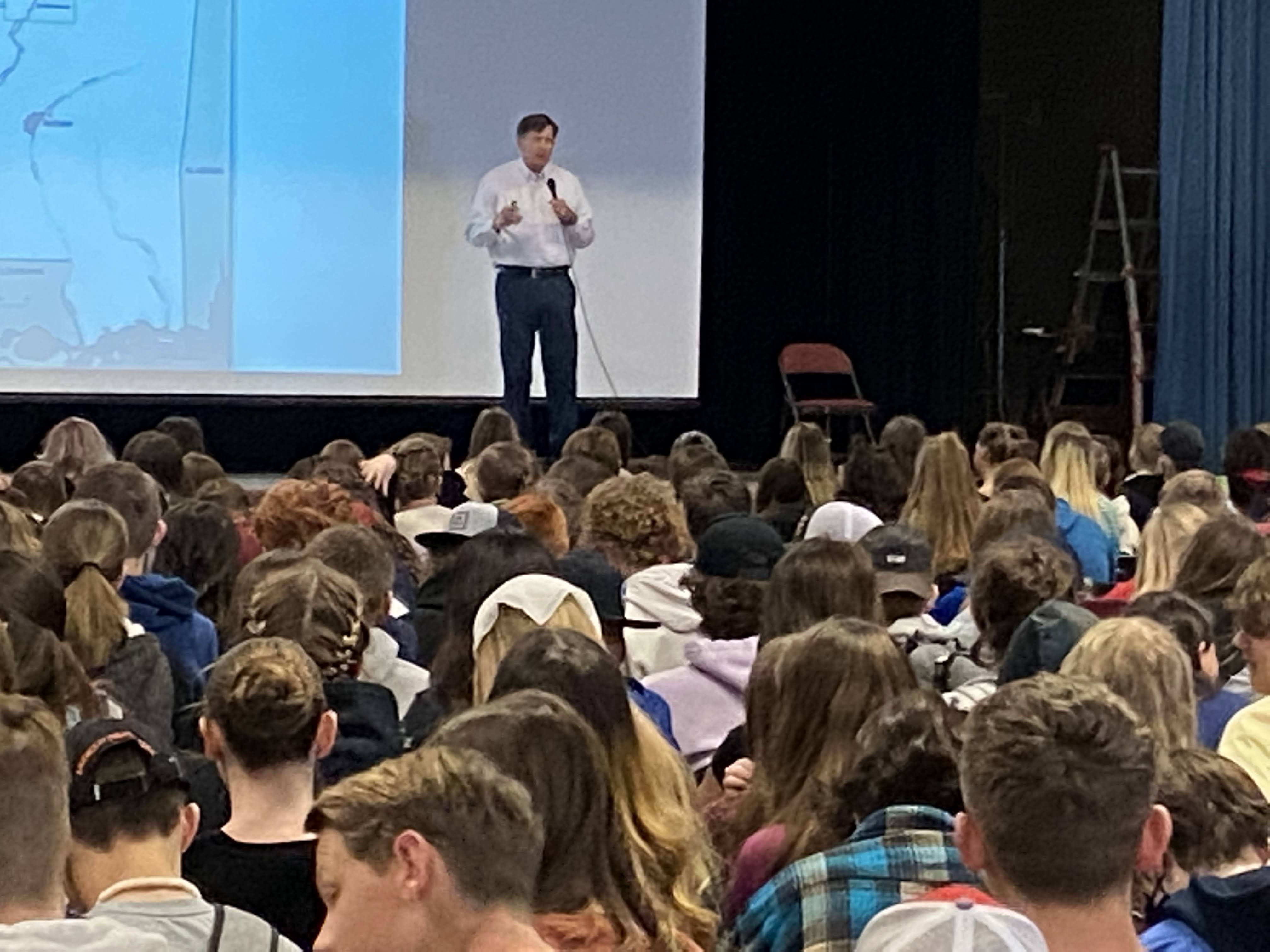 Author Chris Crowe speaking to the 8th graders at MJHS