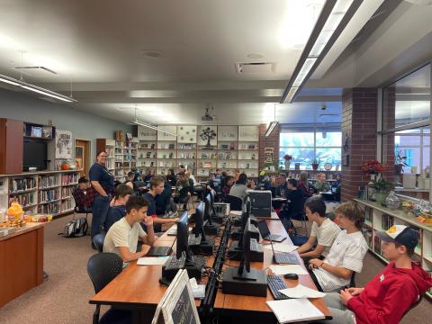 Kids practice math in the MJHS library 